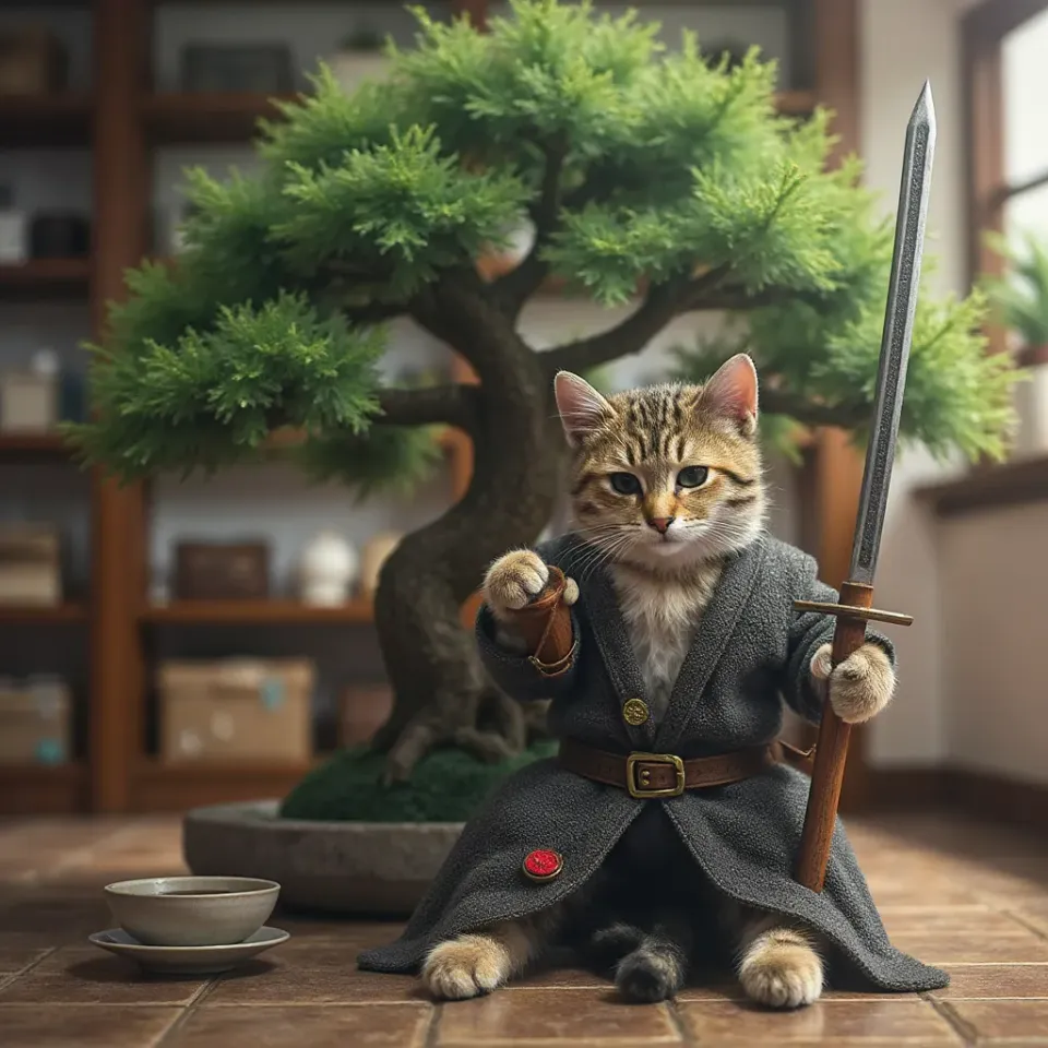 AI pet portrait of a cat in samurai style
